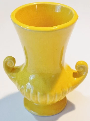 Vintage 1959 McCoy Pottery, Glossy Yellow Glazed Ribbed Urn 6" Vase 2 Handles