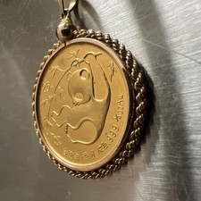 24k 999 Gold Chinese 1985 Panda Coin Charm Pendant 14k Bezel 9.4g 1/4Oz