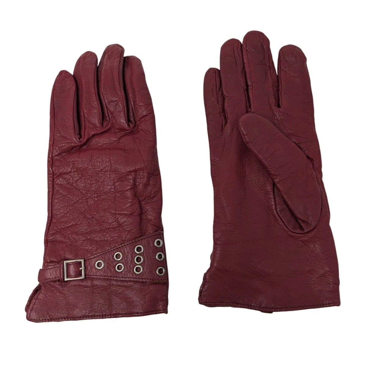 Anne Klein Red Leather Gloves Retro Glam Sze XL Lined Grommet Buckle City Winter