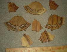 8 Hand Carved Olive Wood Christmas Ornaments, 3 LG. DOUBLE BELLS 5 SM BELLS