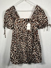 English Factory Leopard Babydoll Dress Small Empire Waist Puff Sleeve Bubble Hem