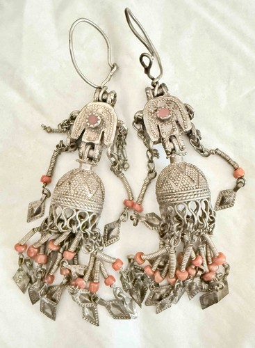 Antique Vintage Chandelier Tassel Earrings Metal Silver Coral Mary Turkmenistan - Picture 2 of 13