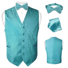 Men's Dress VEST Bow Tie TURQUOISE BLUE Aqua PAISLEY Design Tux BowTie Hanky Set