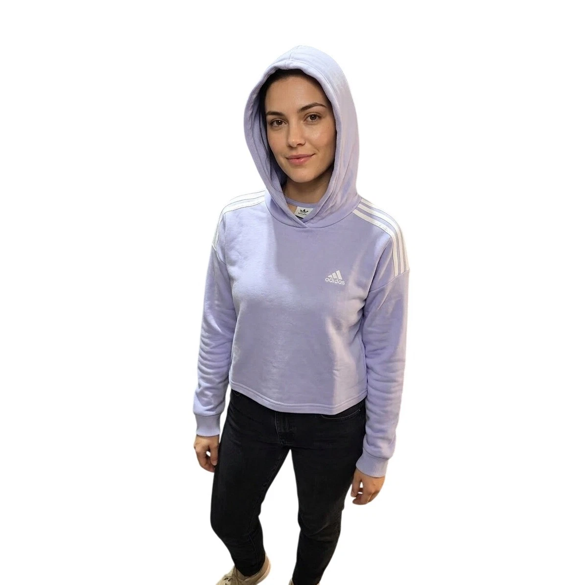 Adidas Womens Lavender Purple Cropped Hoodie Three Stripe Pullover Sweatshirt