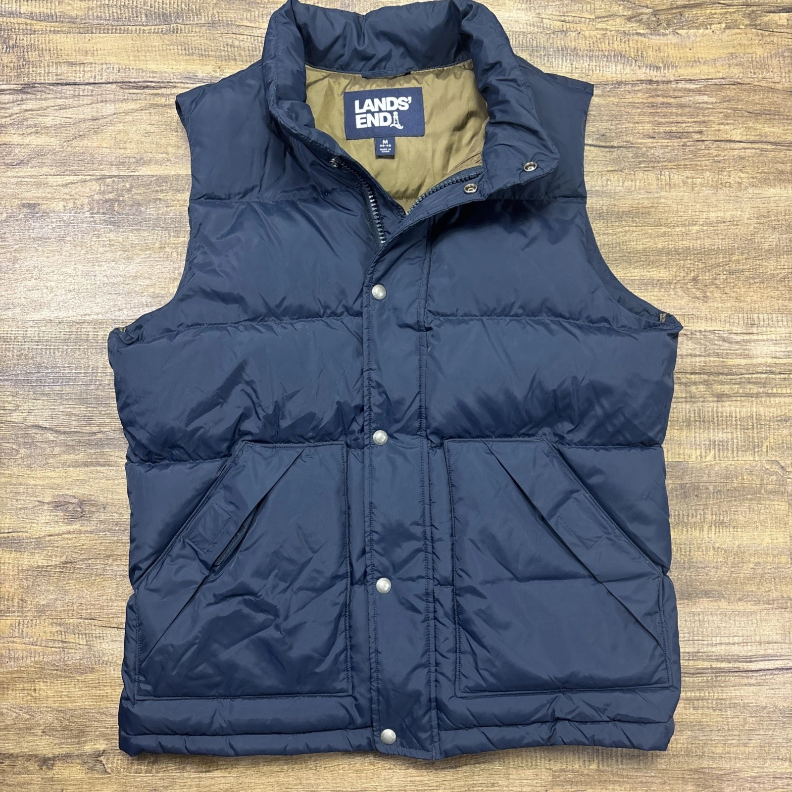 Lands End Down Vest Mens Medium 38-40 Navy Blue Puffer Snaps Quilted Lightweight