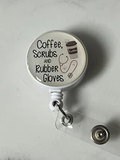 Nursing/Vet Tech Badge Reel Coffee Scrubs & Rubber Gloves with Paw Prints NEW