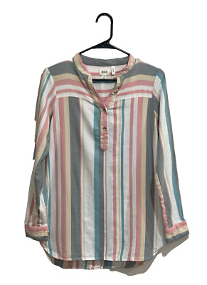 BKE Eased Striped V Neck Button Front Long Sleeve High Low Tunic Blouse Shirt S