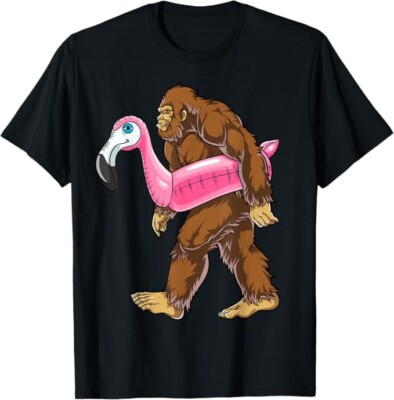 Pool Party Bigfoot Flamingo Men Women Sasquatch Pink Float T-Shirt