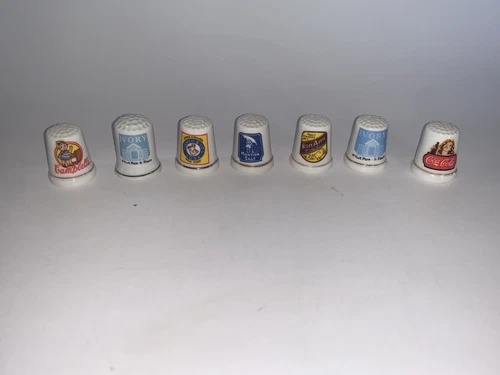 Vintage Advertising Thimble Porcelain Lot of 7, Coca Cola, Ivory, Campbell's