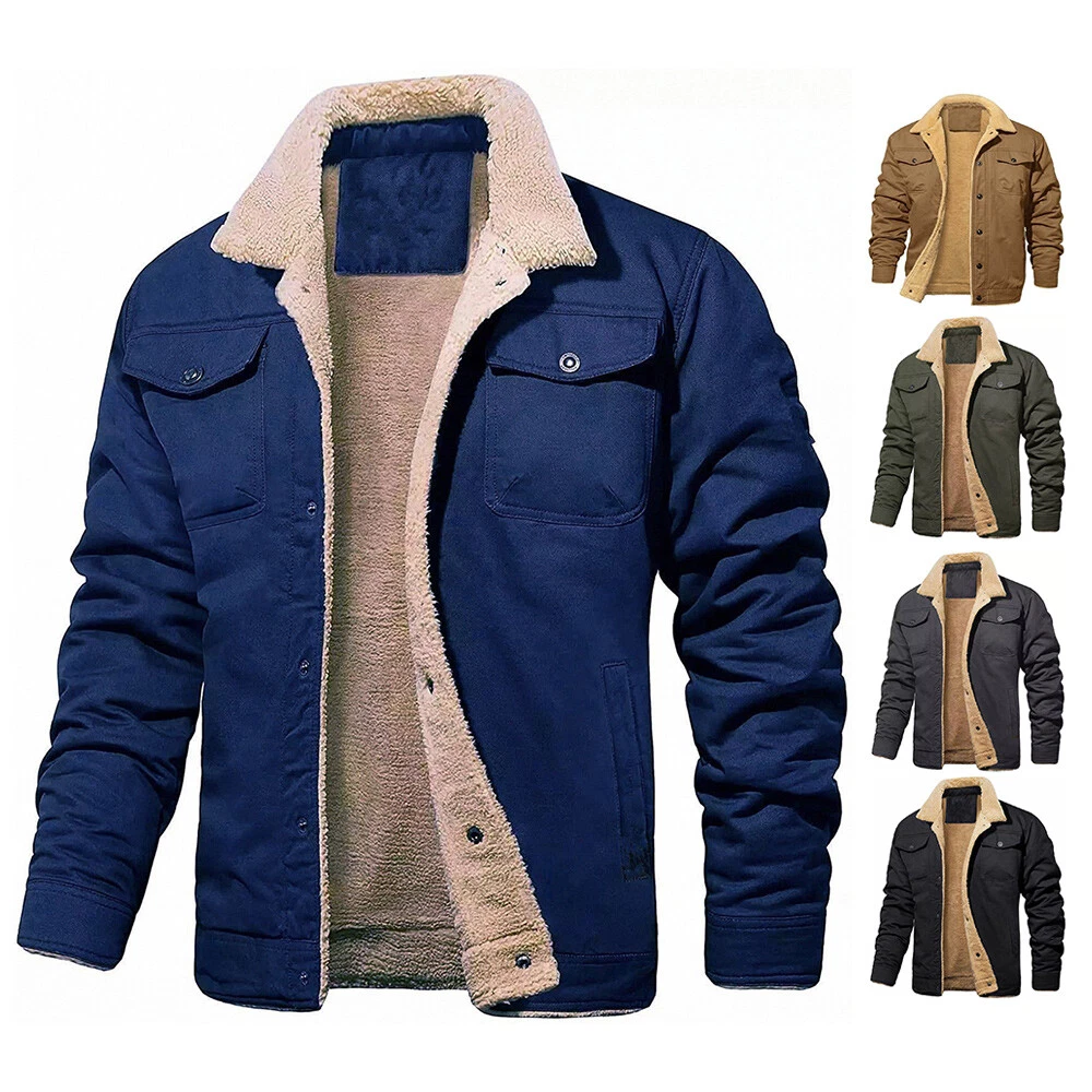 Men Fleece Lined Cargo Jacket Warm Coat Trucker Sherpa Fur Collar Lapel  Outwear