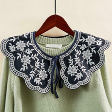 Embroidery Floral False Fake Collar Lace-Up Ribbon Big Shawl Necklace Capelet