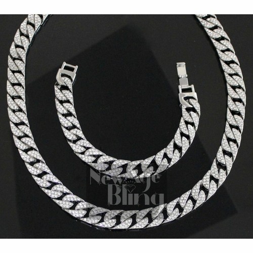 Mens Necklace Bracelet Set Iced CZ Cuban Curb Link Chain 14k Gold Plated Hip Hop - Picture 12 of 12