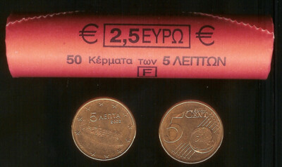 GREECE 5 EURO CENT 2002 BU ROLL OF 50 COINS,SEA GOING TANKER,FREIGHTER,A MODERN