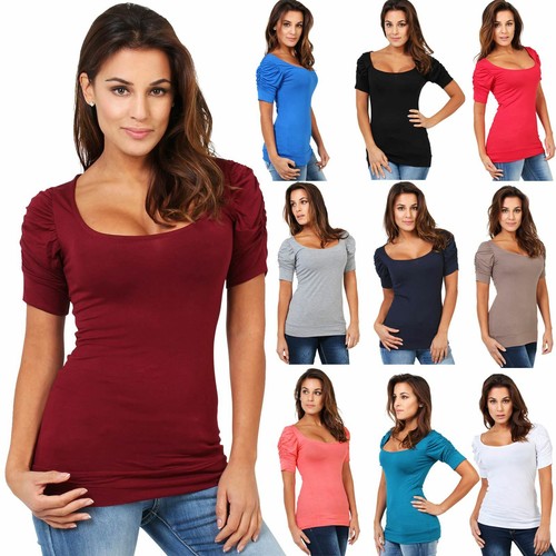 Womens Ladies Plain Blouse Scoop Neck T Shirt Short Sleeve Top Ruched Pleated - Picture 1 of 21