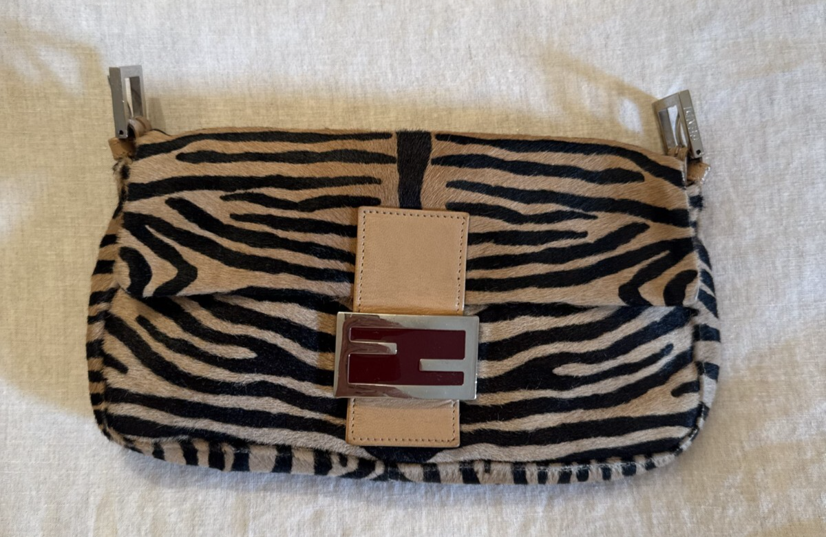 100% AUTHENTIC FENDI BAGUETTE PONY CALF HAIR ZEBRA BLACK TAN RED