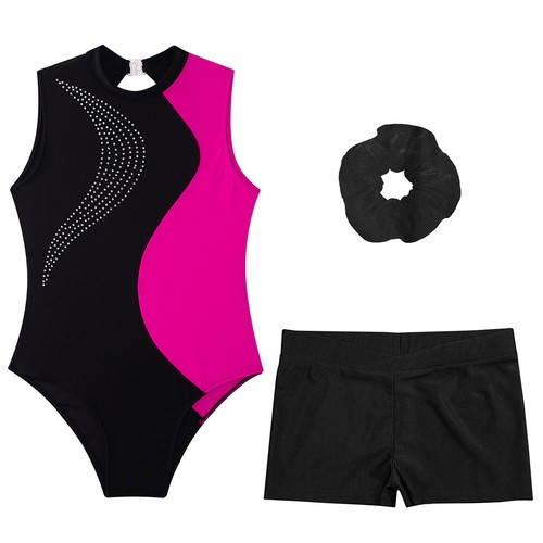 Kids Girls Suit Patchwork Set Hair Tie Outfit Contrast Color Sportswear Yoga - Picture 26 of 40