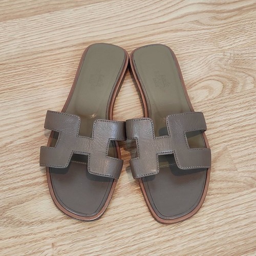 HERMES Oran "H" Taupe Mink Brown Sandal Mules Slides Womens Shoes Size: 36EU 6US - Picture 2 of 14