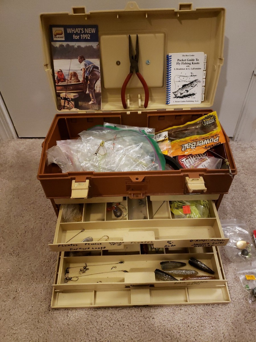 Vintage Plano 757 Fishing Tackle Box w/Misc Lures, Bait, Sinkers