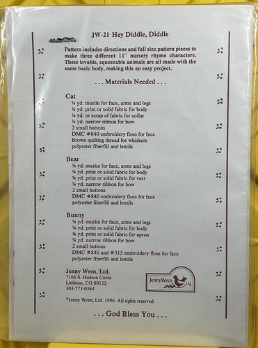 Hey Diddle Diddle Nursery Rhyme Characters Jenny Wren Sewing Pattern JW-21 - Picture 2 of 2