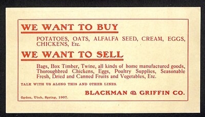 Ogden, UT Blackman & Griffin Co. ''We Want to Buy / Sell'' Produce 1907 Insert VGC