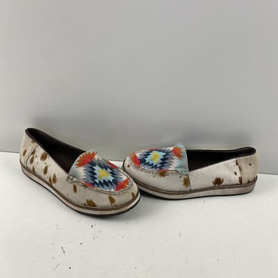 MYRA Cow Print Calf Hair/Canvas Moc Toe Slip On Casual Shoes Women s Size 8