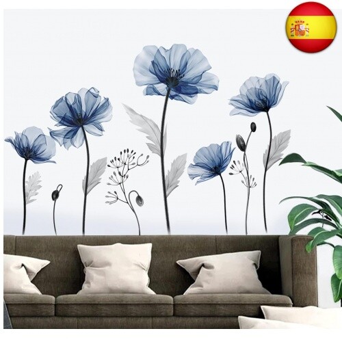 decalmile Pegatinas de Pared Flores Azul Vinilos Decorativos Flor Amapolas