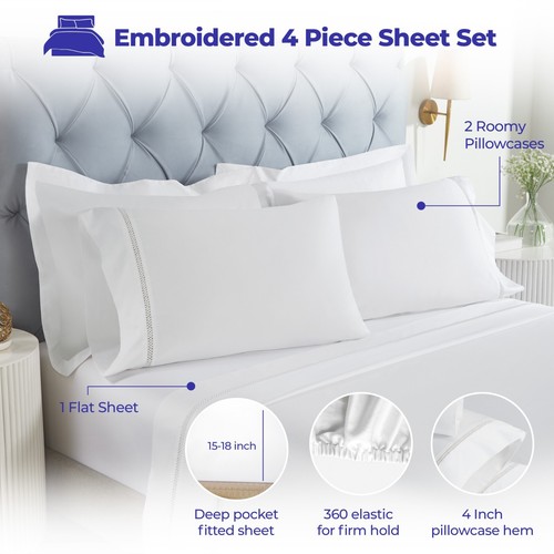 Riverton Cotton Cross-Stitch Embroidered Oversized Deep Pocket Bed Sheet Set - Picture 39 of 44