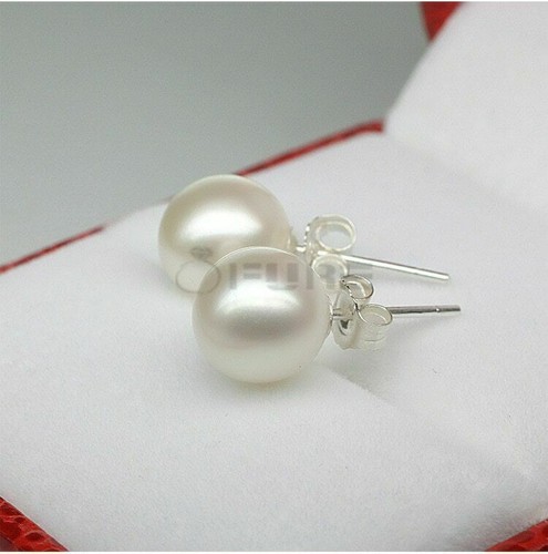 Glossy White Freshwater Natural Pearl 6-10MM Stud Earrings 925 Sterling Silver