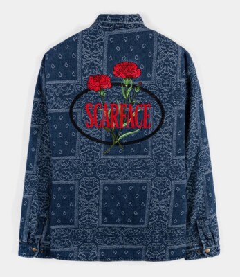 SP X SCARFACE DENIM PAISLEY MENS LIFESTYLE JACKET. TONY MONTANA