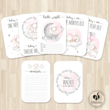 Baby Girl Milestone Cards, Elephants, Cloud, moon, Photo props, 40 cards, 300gsm