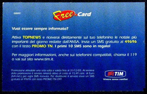 SCHEDA CARTONCINO PROMOZIONALE SERVIZI TIM FREE CARD ANSA TOP NEWS - Picture 2 of 2