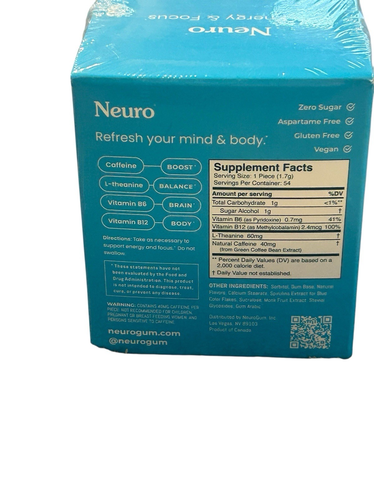 NeuroGum Energy Caffeine GUM (54 Pieces) - Sugar Free with L-theanine + Caffeine