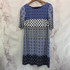Eliza J Dress Women 6 Small Blue White Shift Geometric Floral Half Sleeve Mini 