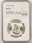 1953-S FRANKLIN HALF DOLLAR - NGC MS-65, WHITE GEM!
