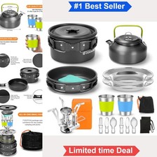 Camping Cookware Mess Kit 16 Pieces Aluminum Nonstick Pots Pan Kettle Stove
