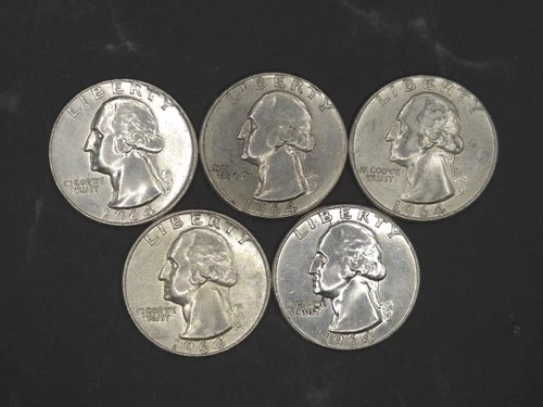 Lot of 5 1964-P Silver Washington Quarters High Grade / AU Lustrous $1.25 FV *1