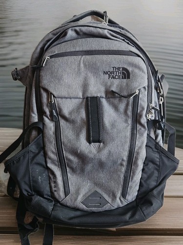 The North Face Surge Backpack Padded Laptop Black Grey Work Hiking School