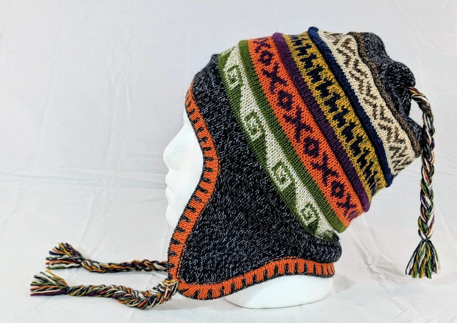 Soft Baby Alpaca Reversible Chullo Beanie Gray Brown Unisex Colorful Boho Peru
