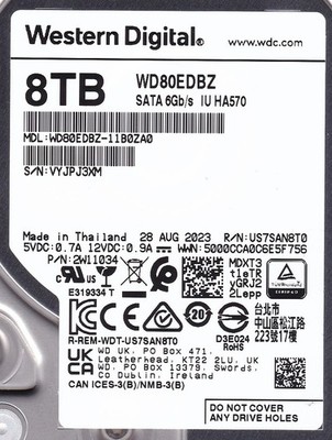 WD80EDBZ-11B0ZA0 WESTERN DIGITAL s/n: VYJP R/N: US7SAN8T0 AUG 2023