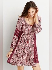 American Eagle Outfitters Bohemian Babydoll Dress Burgundy/Cream Floral Sz XS