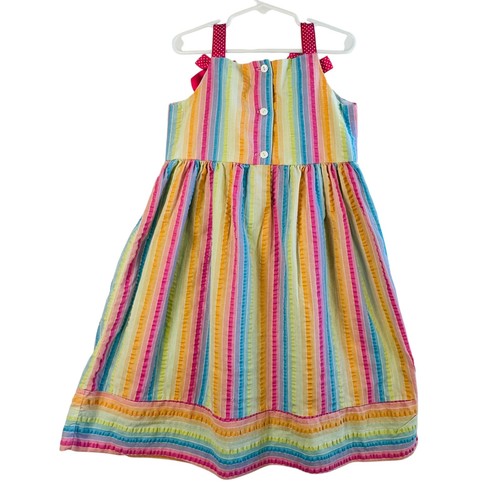 Rare Too Rainbow Stripe Dress 6 Girls Flip Flop Appliqué Bright Summer Playful - Picture 2 of 9