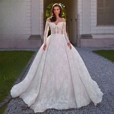 Long Sleeve A-Line Wedding Dress Sweetheart Appliques Lace Princess Bride Gowns