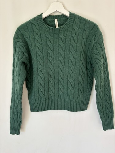Babaton Aritzia Sweater Small XS Crew Neck Cable Knit Green Cropped Merino Wool