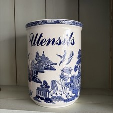 Empire Ware Ceramic Blue & White Willow Pattern Utensil Holder Pot. VGC