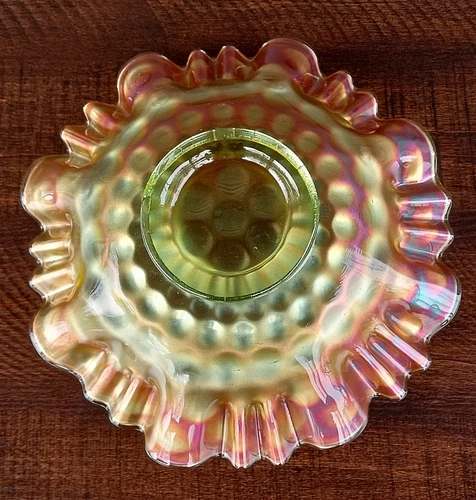 Fenton Lime Green Carnival Glass Coin Dot 3in1 Edge Bowl 9-1/4"