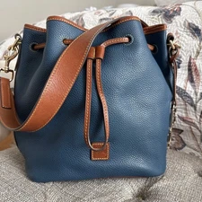 Dooney Bourke Vintage Leather Drawstring Bucket Bag Tote All Weather Jeans Blue