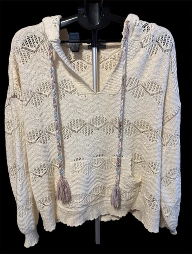 OFF WHITE Felpa con cappuccio Wit & Wisdom XL relaxed all'uncinetto pizzo maniche a palloncino e tasca