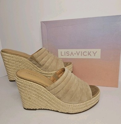 Lisa Vicky GOGO-V Tan Camel Kid Suede Espadrille Wedge Platform Sz 10 M Sandals