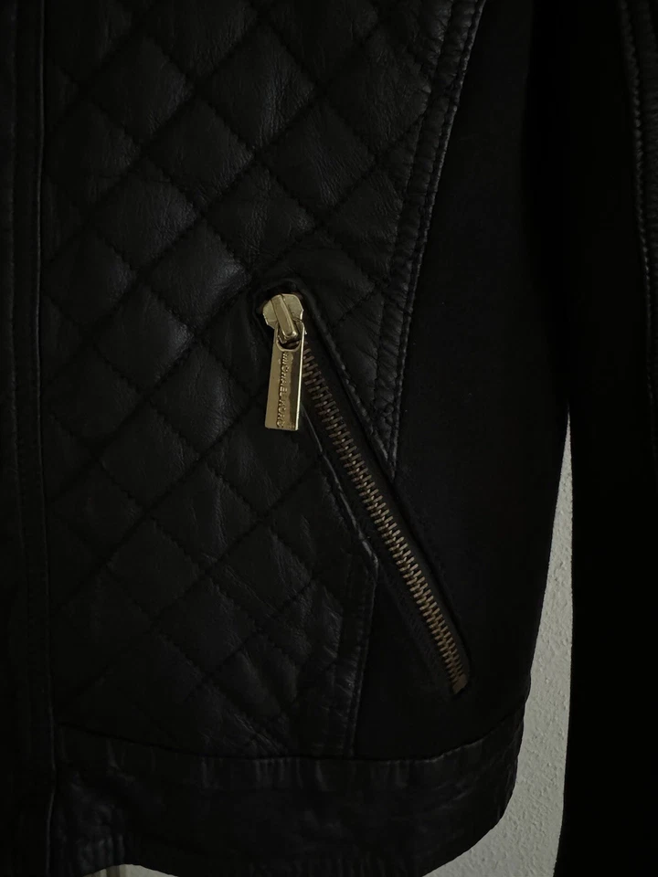 Chaqueta/abrigo de motocicleta Michael Kors acolchado de cuero genuino negro talla M para mujer Foto 3 de 4
