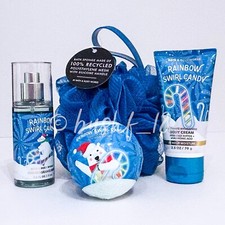 Bath  Body Works 4 pc RAINBOW SWIRL CANDY Mist, Cream, Fizzy, Loofah GIFT SET